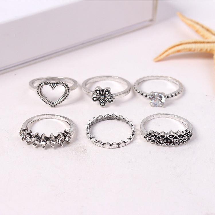Heart Ring Set With Diamond Accents Ancient Silver Finish Flower Design Alloy Rings For Women Jewelry Gift Daily Wear