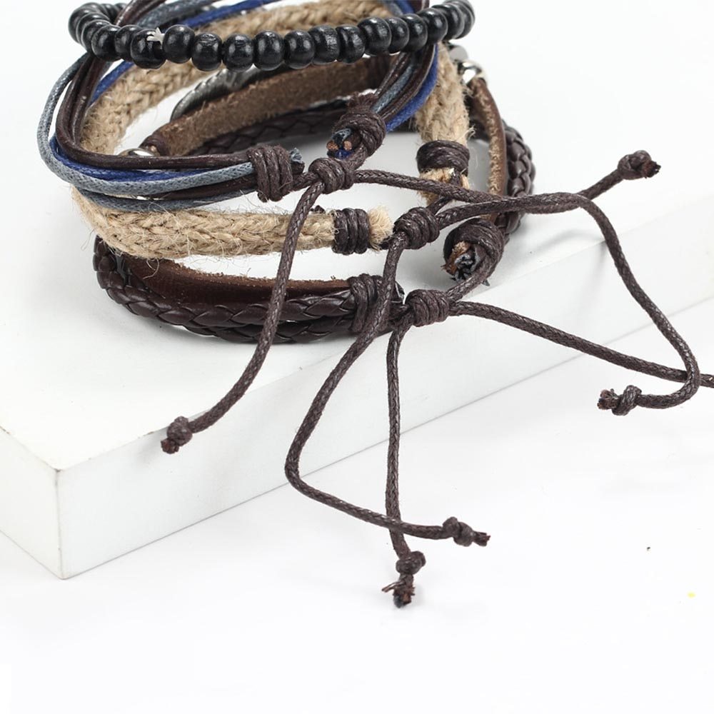 Hand Woven Leather Bracelet Angel Wing Feather Alloy Wood Beads Star Charm Unisex Geometric Style Golden Shine