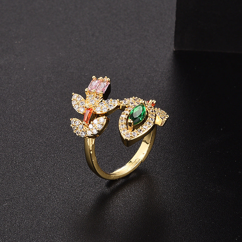 Womens Adjustable Open Ring Copper Leaf Design With Zircon Inlays Gold Plated Finish Everyday Styles For Women