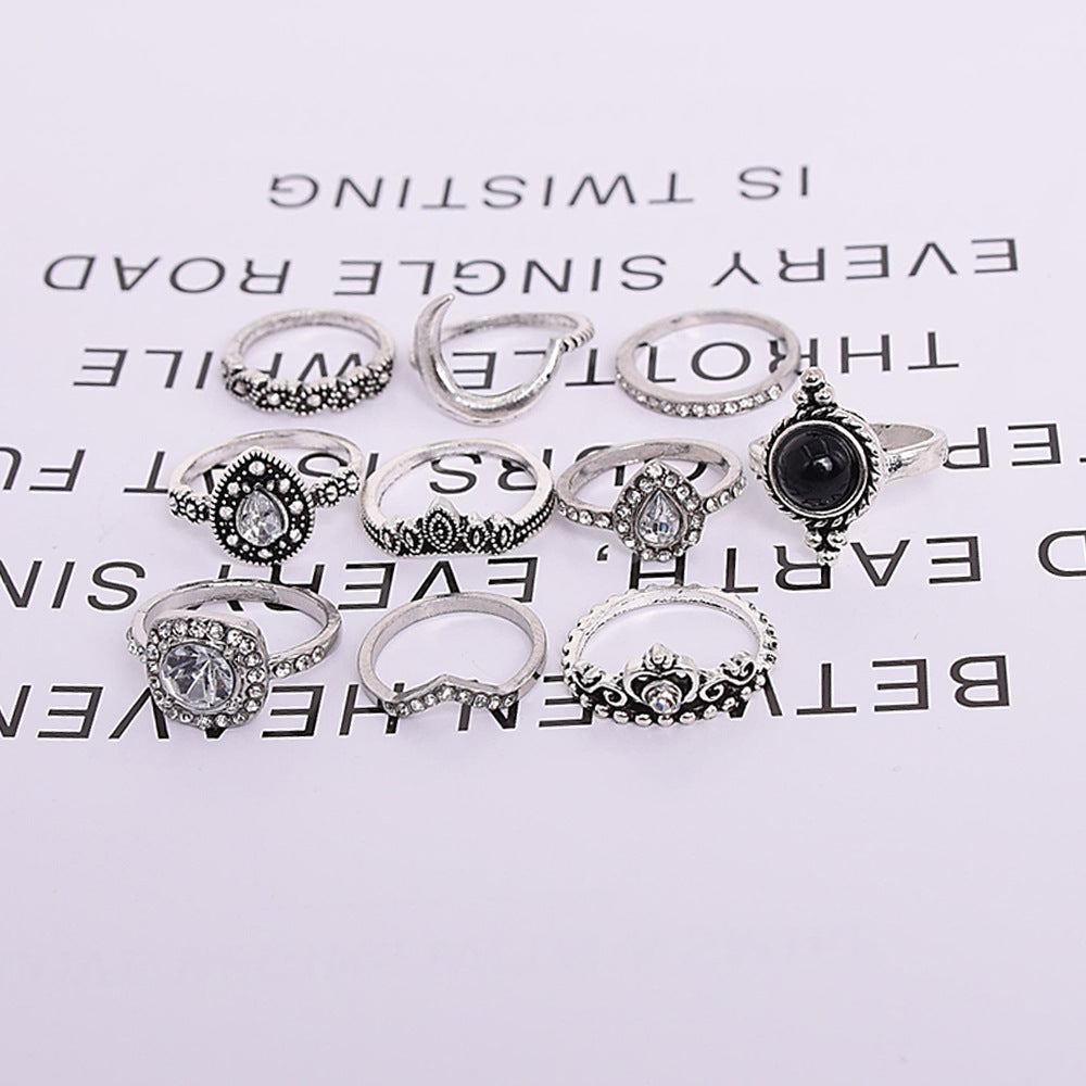 Unisex Vintage Rings Set 11 Pieces Alloy Crown Rings with Artificial Gemstones and Semi Precious Stones Gifted