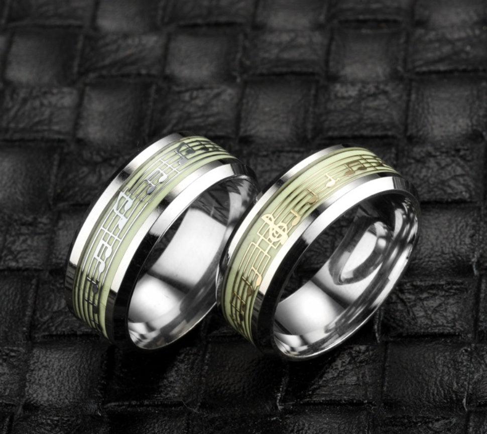 Stainless Steel Glow In The Dark Musical Notation Ring For Men Luminous Score Design Band Statement Ring Gifts
