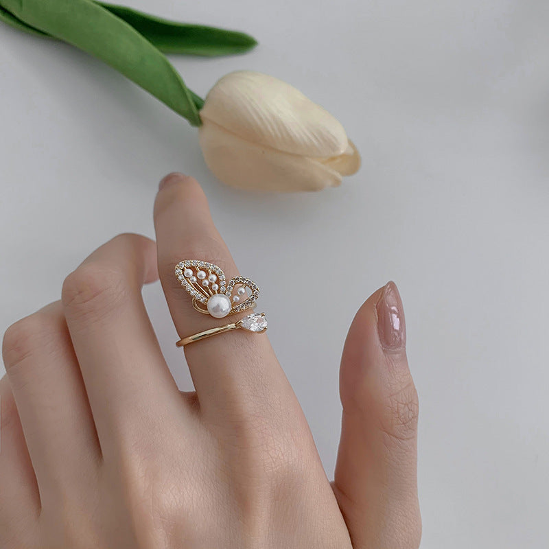 Women Adjustable Ring Zircon Pearl Butterfly Jewelry