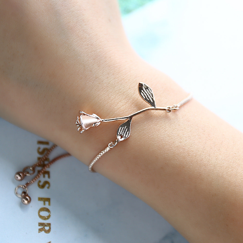 Womens Rose Bracelet Elegant Alloy Metal Electroplated Korean Design Bangle Delicate Rose Flower Adjustable Fashion