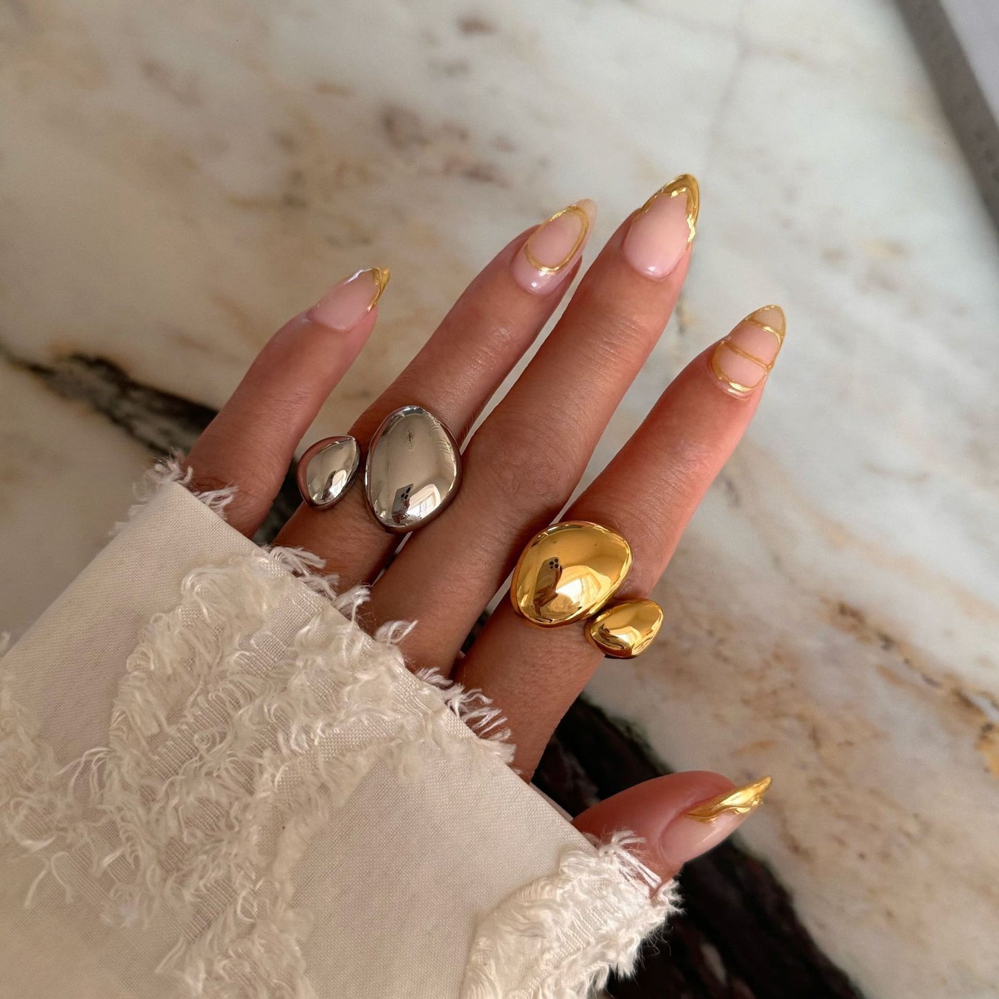 Womens Gold Plated Ring Titanium Steel Irregular Polished Open Band Heart Ring Adjustable Size Silver Glamorous