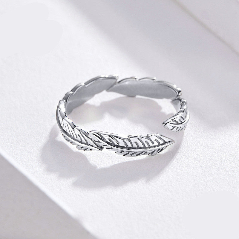 White Feather Ring 925 Sterling Silver With Platinum Plating Lightweight Elegant Band Ring For Women And Girls