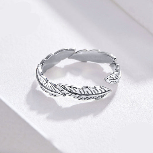 White Feather Ring 925 Sterling Silver With Platinum Plating Lightweight Elegant Band Ring For Women And Girls