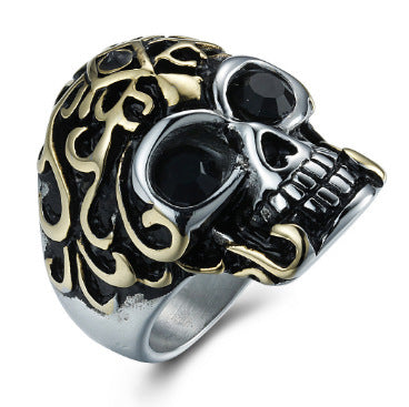 Mens 18K Gold Plated Stainless Steel Skull Ring European Ghost Head Customizable Inlaid Gemstone Rings For Men