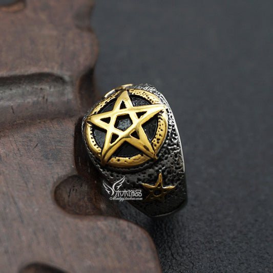 Pentagram star male gold ring titanium steel ring