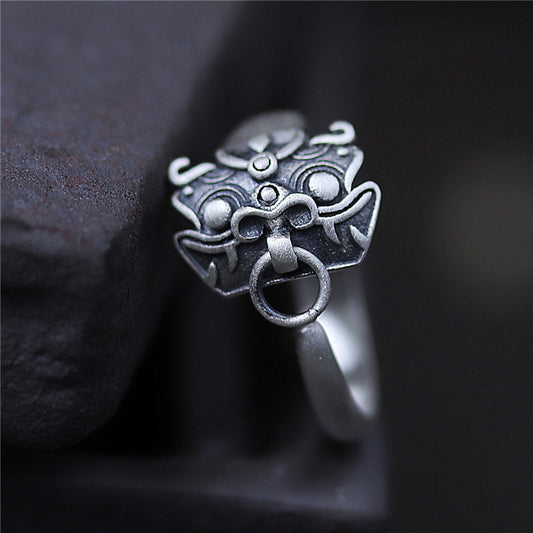 Adjustable Copper Ring Thai Silver Animal Head Applique Pepper God Beast Design Statement Jewelry For Women Everyday