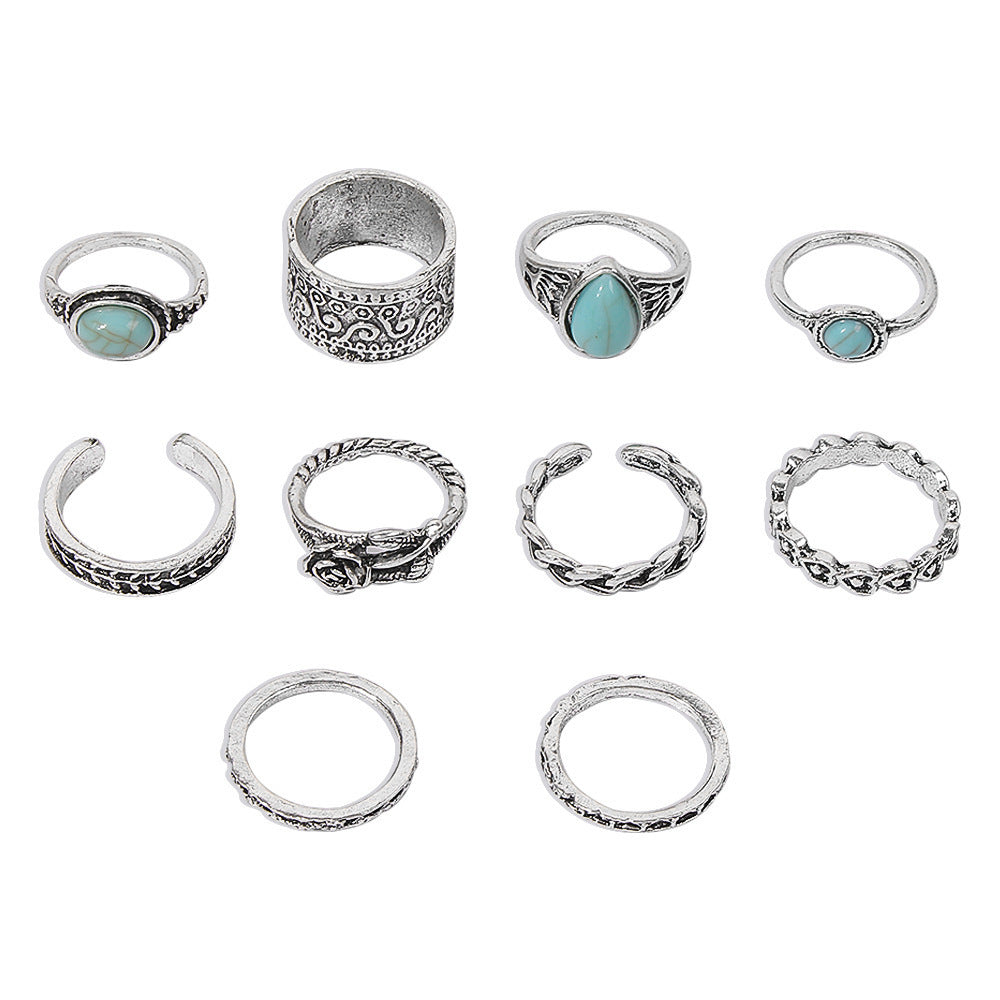 Turquoise 10 Piece Set Joint Combination Ring Inlaid Gem Antique Silver Female Couple Style Cloud Pattern Ring