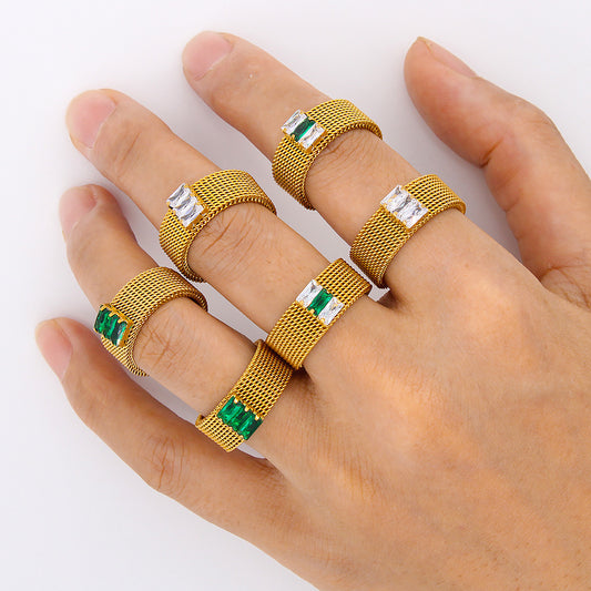 Unisex Stainless Steel Mesh Ring Inlaid Zircon Geometric Designs Electroplated Jewelry White Green Size 6 7 8 9