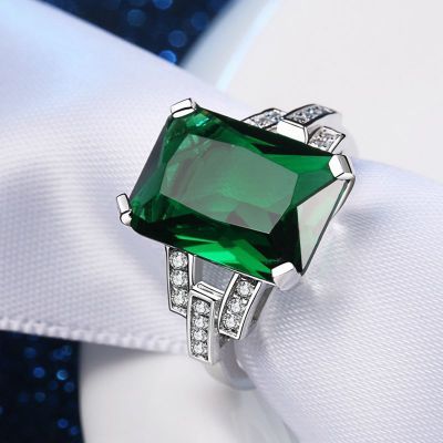 Emerald Square Ring White Gold Plated Copper Geometric Inlaid Gemstone Jewelry For Office Wear For Office Wear