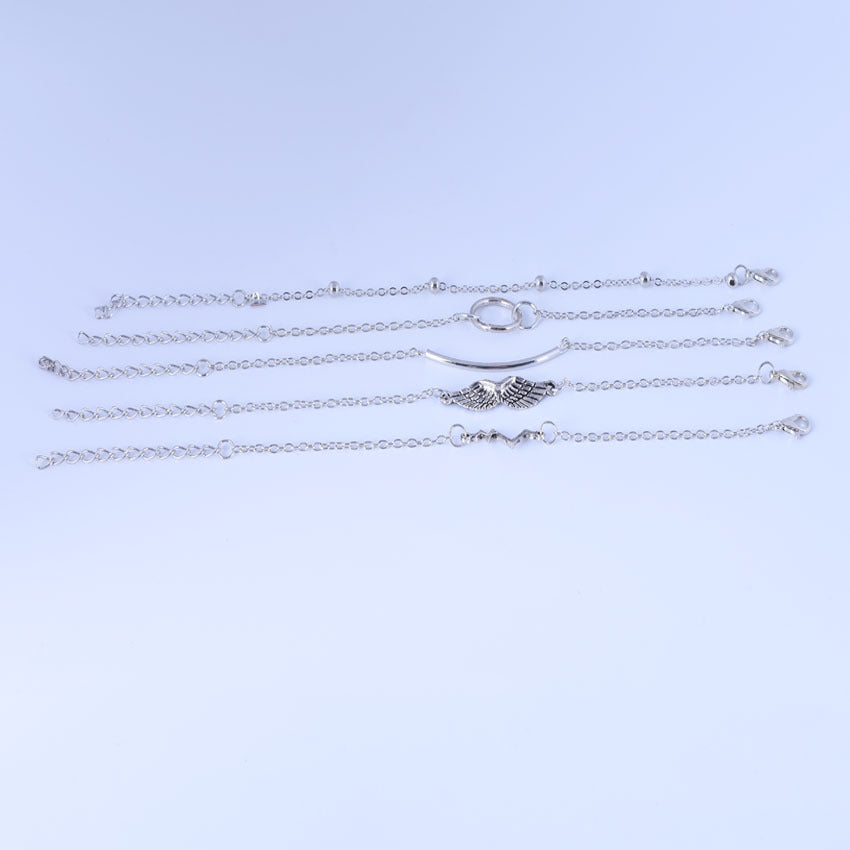 Women Bracelet Set of 5 Electroplated Alloy Wing String Bead Round Tube Circle Design Lightweight Jewelry Gift