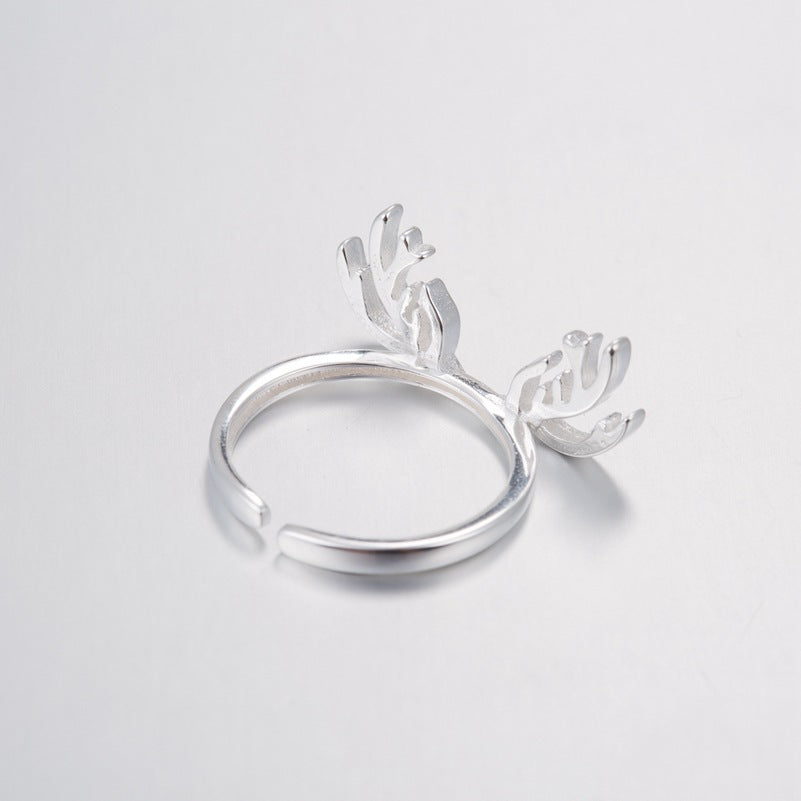 Womens Adjustable Ring Silver Deer Head Ring Copper Antler Ring Animal Ring For Women Girls Gift Electroplated