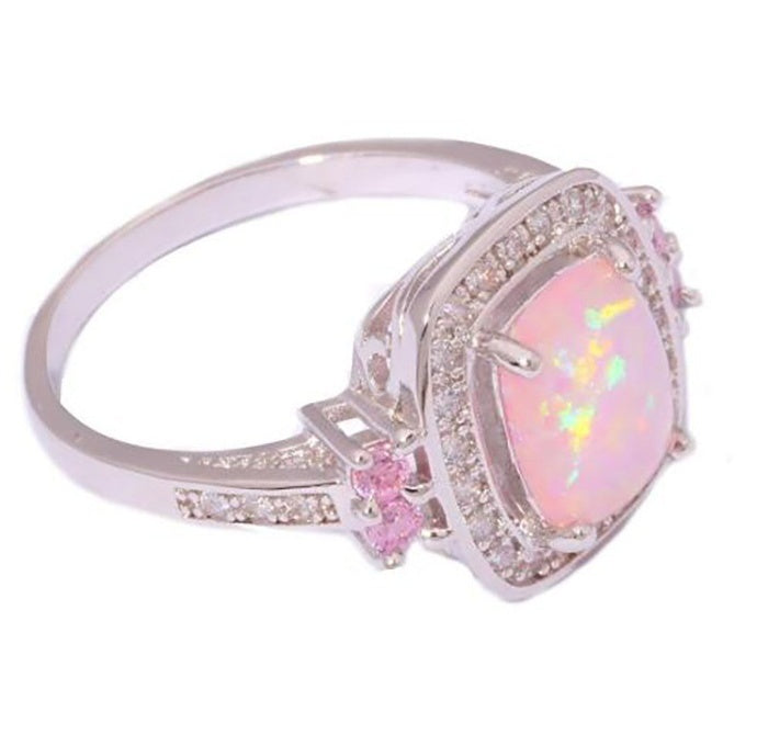 Women Austrian Crystal Rose Opal Ring Fire Fashion Jewelry Silver Plated Gift Accessory Pink Size 5 6 7 8 9 10