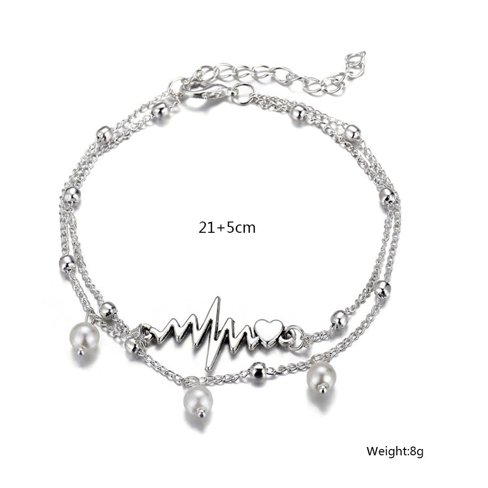 Unisex Double Layer Pearl Anklet ECG Design Ankle Bracelet Alloy Beach Jewelry European American Everyday Wear