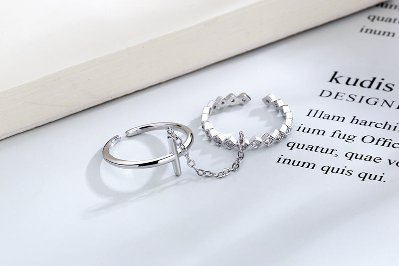 Geometric Double Ring for Women with Diamond Cross Copper Band Adjustable 3mm Diamond 8mm Cross Korean Zircon Inlay