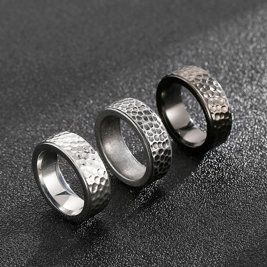 Mens Titanium Steel Hammered Ring Geometric Vintage Punk Style Fashion Accessory Ideal Gift Travel And Commemoration