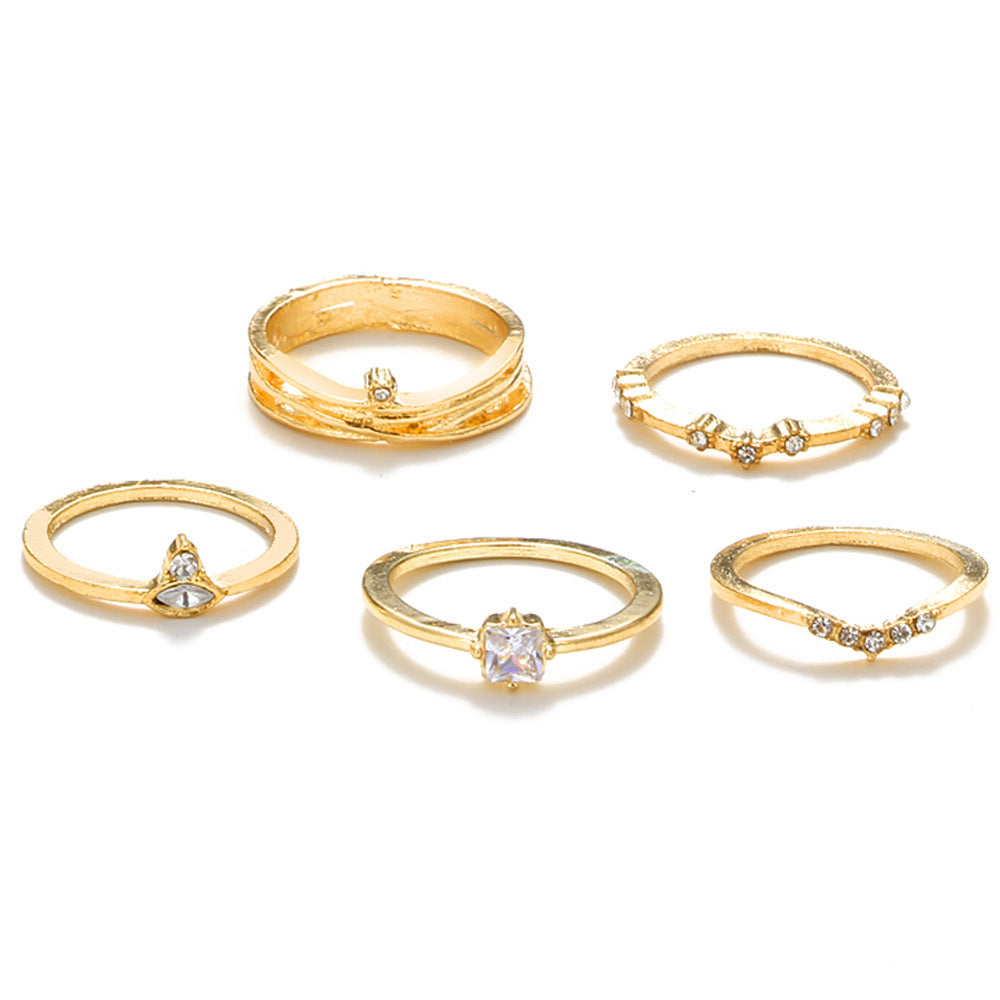 Womens Fashion Rings Set Gold Plated Retro Geometric Jewelry with Pearl Rhinestones and Diamond Accents Five Piece