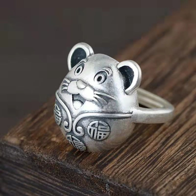 Womens Silver Plated Smiling Face Mouse Ring Retro Distressed Copper Adjustable Fashion Accessory For Women Ideal Gift