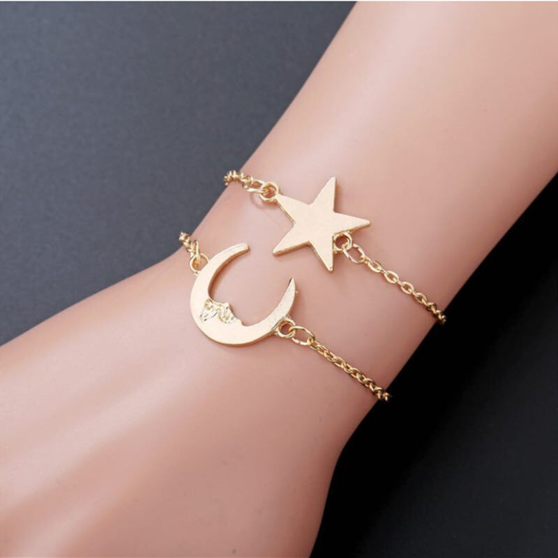 Womens Star Moon Charm Bracelet Delicate Chain Adjustable Jewelry Korean Fashion Electroplating Extension Charm