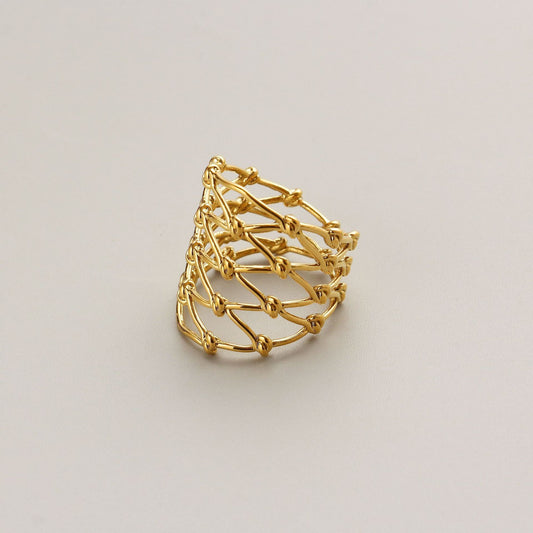 Woven Knotted Wide Face Ring For Women Geometric Hollow Copper Base 18K Gold Plated Finish Elegant Design Chic