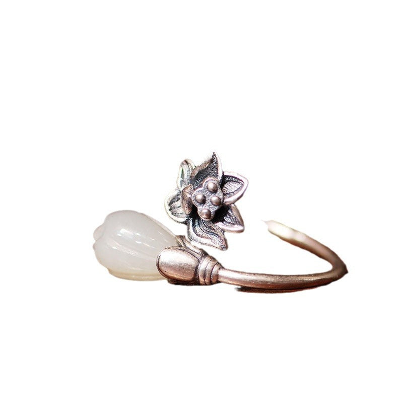 Unisex Retro Lotus Ring Electroplated Copper Orchid White Jade Durable Elegant Statement Jewelry Everyday Wear