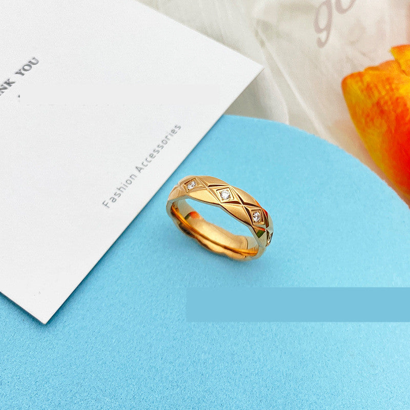 Unisex Titanium Steel Ring Cross Pattern Four Diamond Look Inlays Gold Plated Jewelry Durable Elegant Timeless