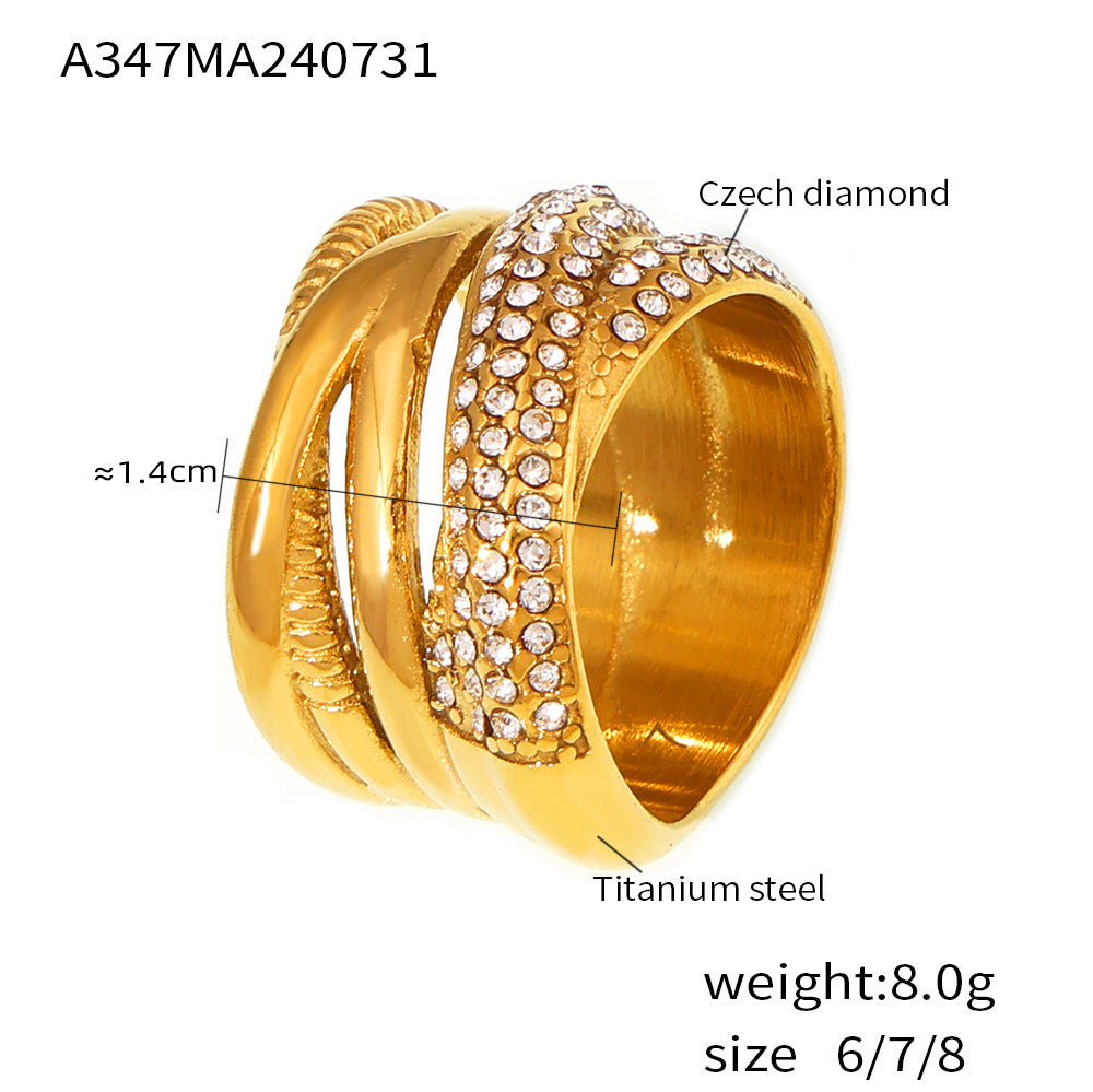 Womens Cross Woven Band Diamond Ring Titanium Steel Geometric Fashion Jewelry Electroplated Elegant Chic Style