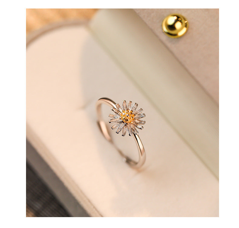 Yellow Daisy Flower Ring For Women Adjustable Silver