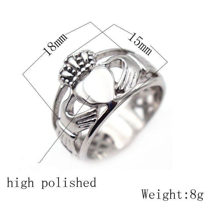 Unisex Titanium Steel Ring European And American Retro Domineering Design Wide Edge Hollow Hand Holding Crown Love Heart Ring for Men and Women