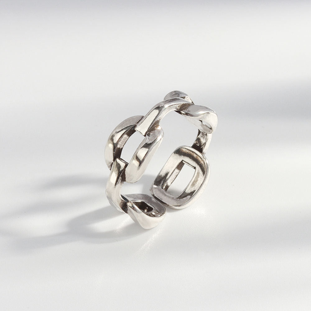 Adjustable Copper Ring With Chain Link Retro Hollow Geometric Thai Silver Three Layer Electroplating Bold Tone