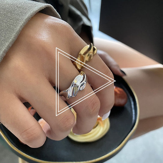 Womens Adjustable Silver Plated Ring Trendy Irregular Geometric Design Jewelry Gift for Her Statement Accessory Gift