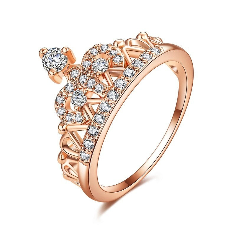 Womens Crown Zircon Ring Rose Gold Plated Copper High Quality Fashion Jewelry European American Design Elegant