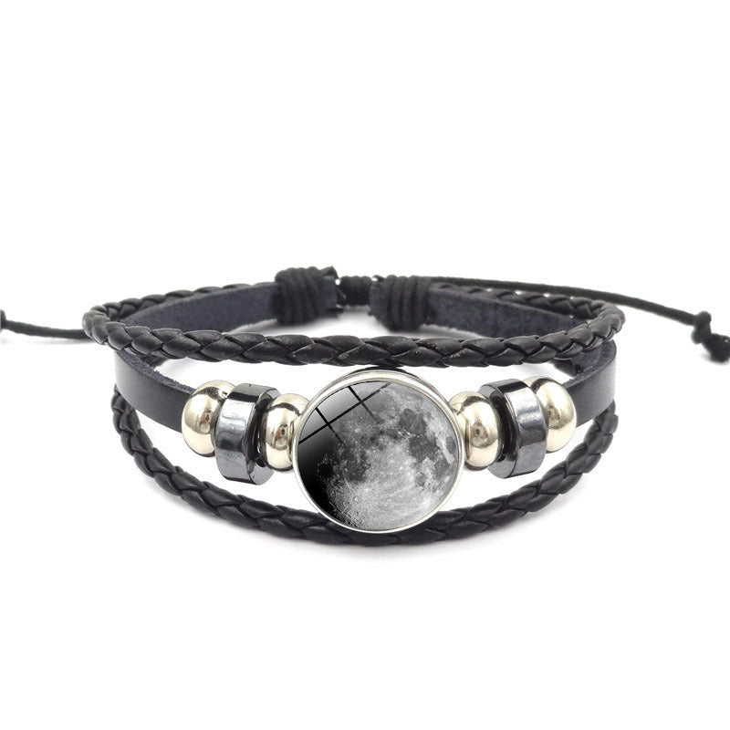 Womens Beaded Bracelet Handmade Starry Sky Universe Design Glass Gem Alloy Pendant Adjustable Leather Rope Gem