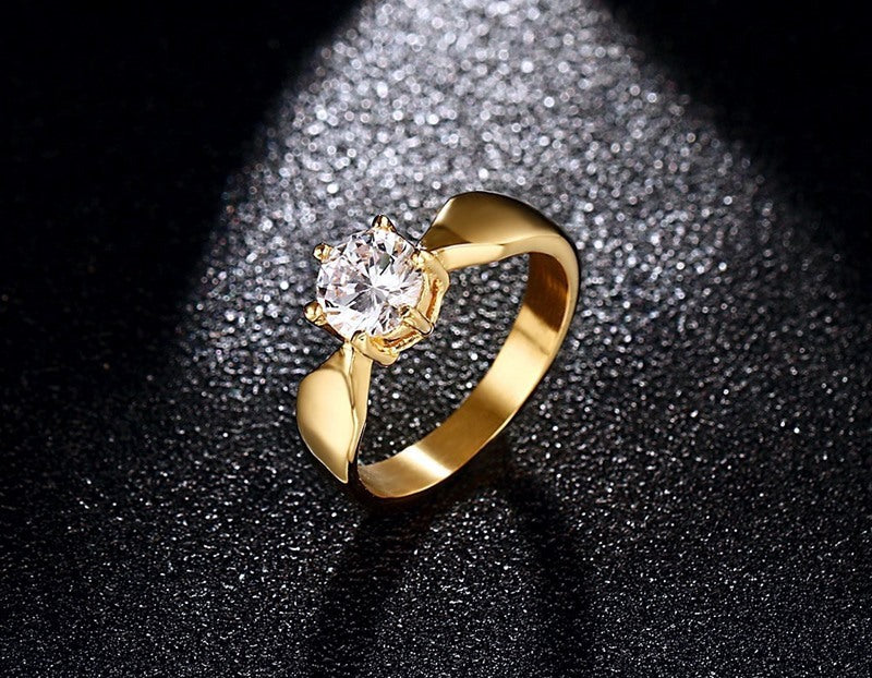 Womens 7mm Titanium Steel Gold Plated CZ Ring Single Stone Wedding Band Timeless Glow Sparkling Polish Jewelry