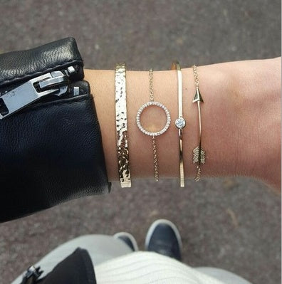 Womens Gold and Silver Crystal Leaf Moon Arrow Cat Bracelet Set Adjustable Open Bangle for Women Elegant Style Chic