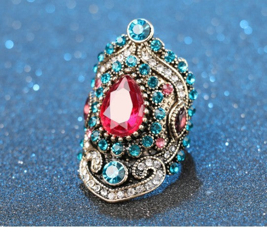 Gold Plated Crystal Sapphire Vintage Ring With Rhombus Alloy Band Diamond Cut Luxury Elegant Jewelry For Women