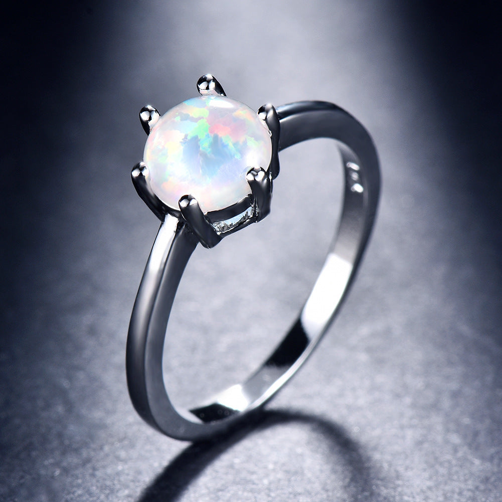 Six Prong Ladies Opal Ring Platinum Main Stone Opal Blue White Colorful Shine Gift For Special Occasions Today