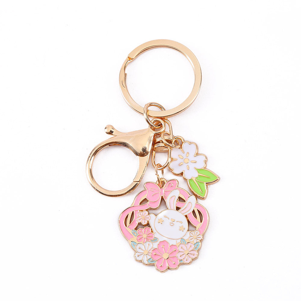 Rabbit Keychain Cartoon Keyring With Cherry Blossom Decoration Flower And Leaf Design Alloy Key Trendy Keyring