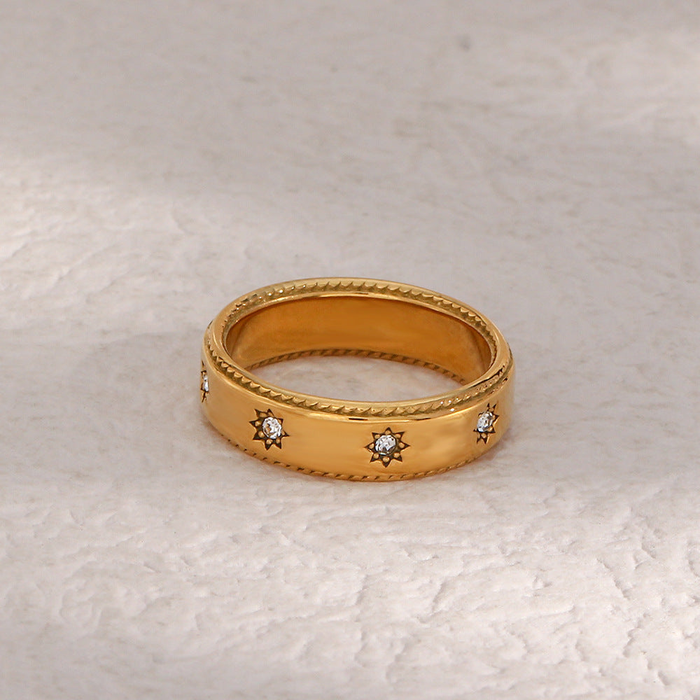 Womens Stainless Steel Ring Plated With 18K Gold Zircon Accent Waterproof AntiRust Anti Allergy Statement Ring