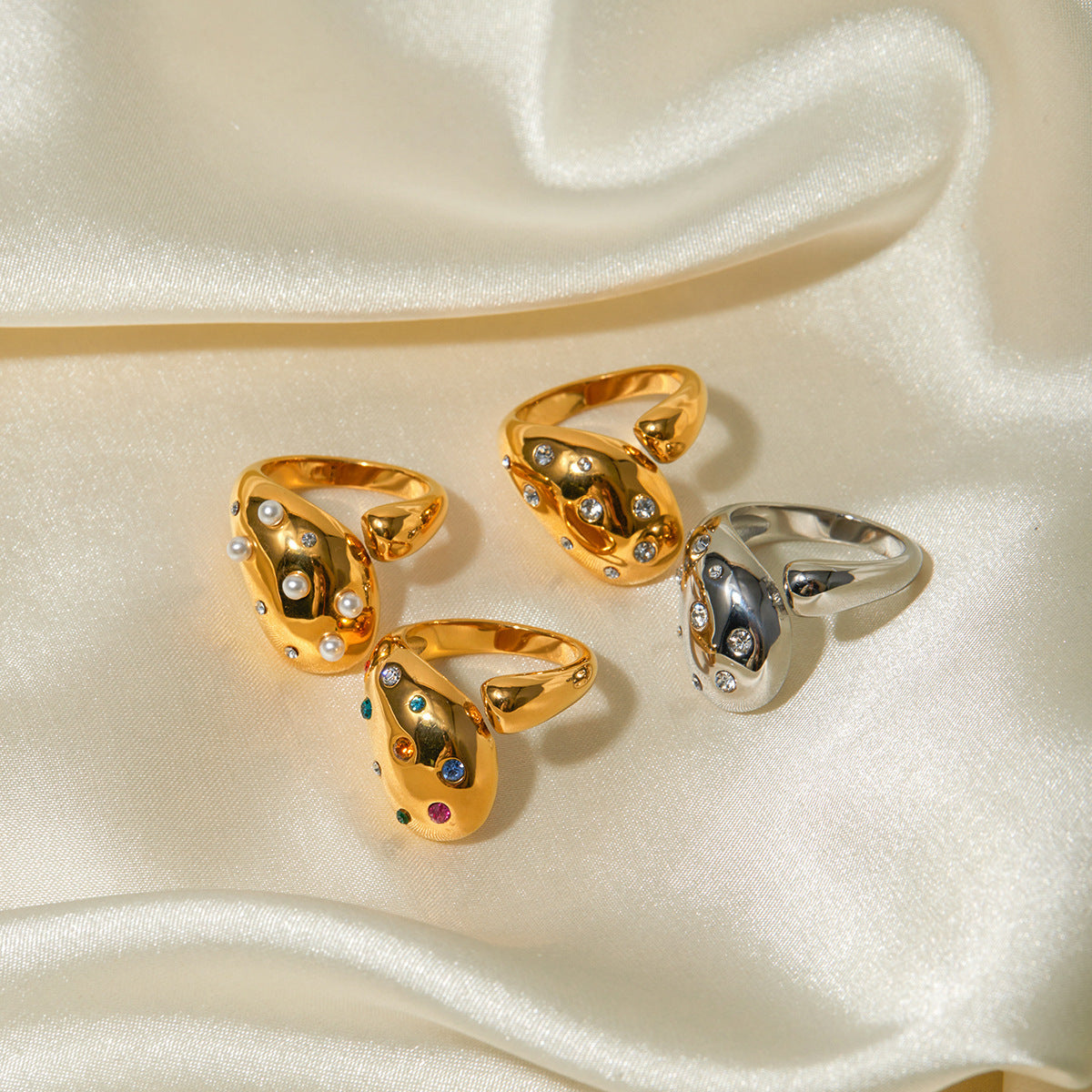 Geometric Color Diamond Ring In Gold Stainless Steel For Women And Girls Elegant Jewelry Exquisite Jewelry Set