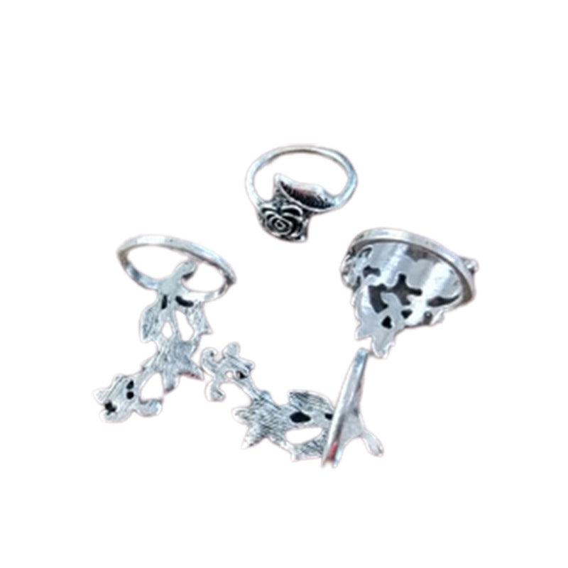 Antique Silver Hollow Flower Ring Set 4 Piece Alloy Rings for Women Girls Trendy Electroplated Jewelry Edition