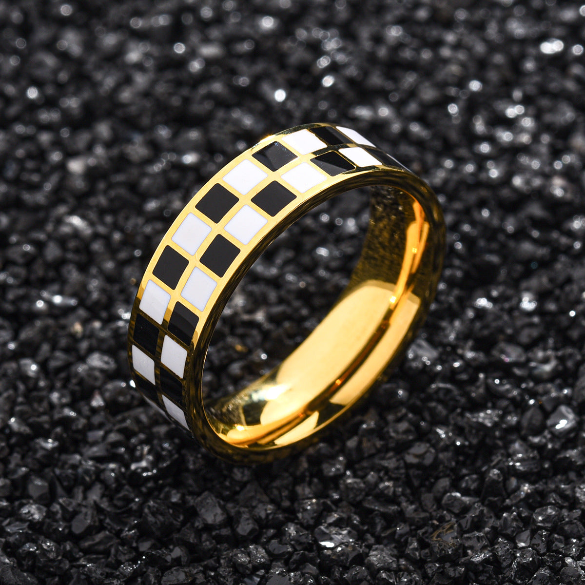 Mens Stainless Steel Checkered Ring Black White Geometric Pattern Fashion Accessory Durable Modern Jewelry Gem