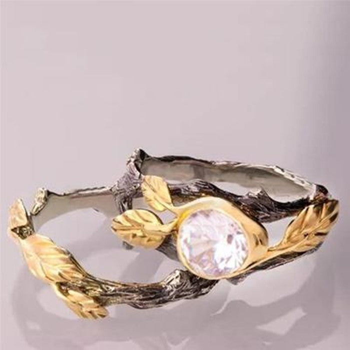 Gold Plated Couple Ring With European Branch Design Alloy Band Gems Semi Precious Stones For Elegant Gift Wear