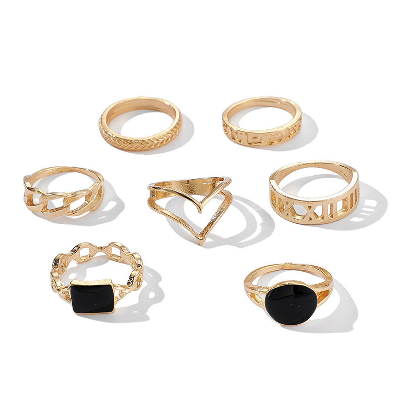 Geometric Rings Set Hollow Black Oil Drip Design Electroplated Alloy Fashion Rings For Trade Fair Gifts Choices