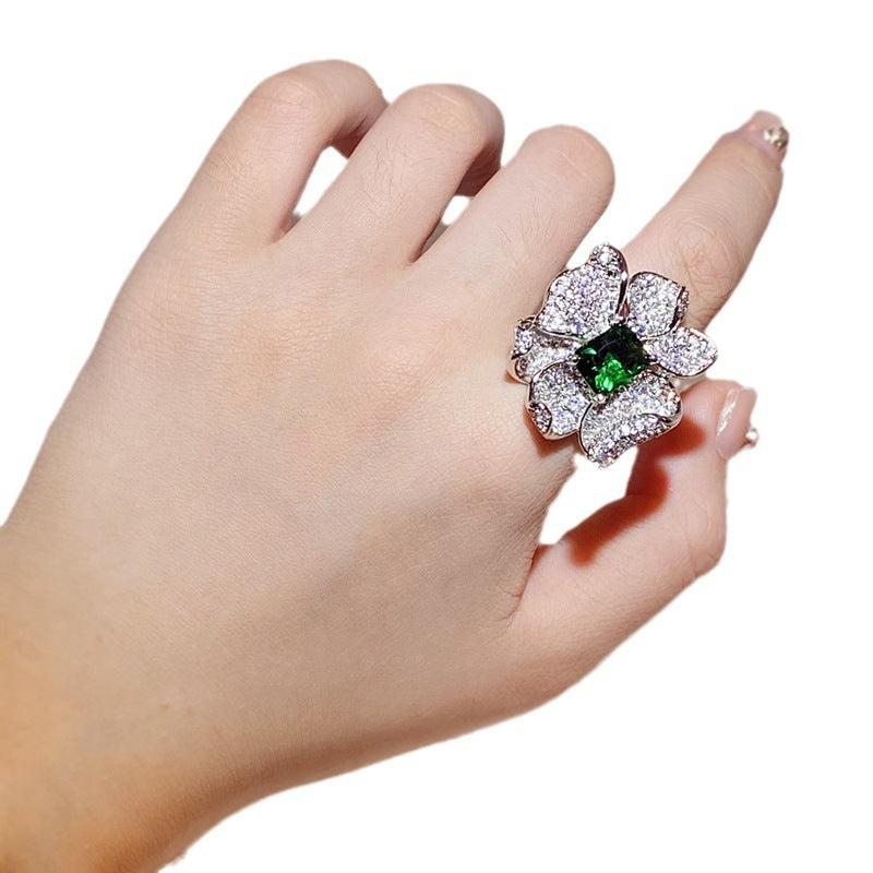 Womens Flower Ring Adjustable Diamond Petal Copper Jewelry
