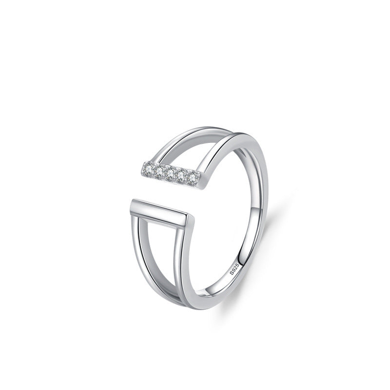 Sterling Silver Geometric Ring With Micro Rhinestones Line Pattern For Women US Sizes 5 7 9 Elegant Daily Wear