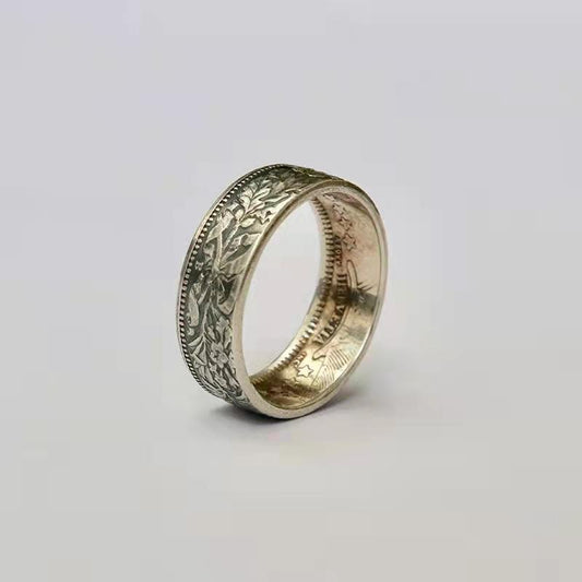Handmade Coin Rings With Edelweiss Pattern Silver Plated Unisex Retro Geometric Jewelry Elegant Vintage Finish