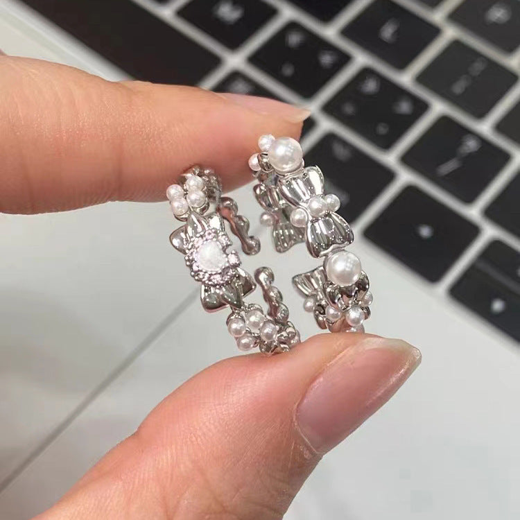 Womens Adjustable Ring With Bow Pearl Geometric Alloy Electroplated Fashion Jewelry Bowknot Finger Ring Elegant